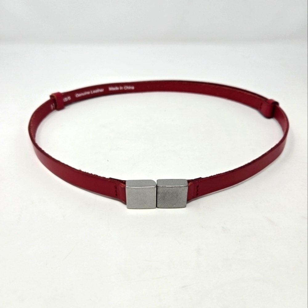 J. JILL RED LEATHER SKINNY BELT SLIDE ADJUSTABLE SILVER SQUARE BUCKLE WOMEN XS/S